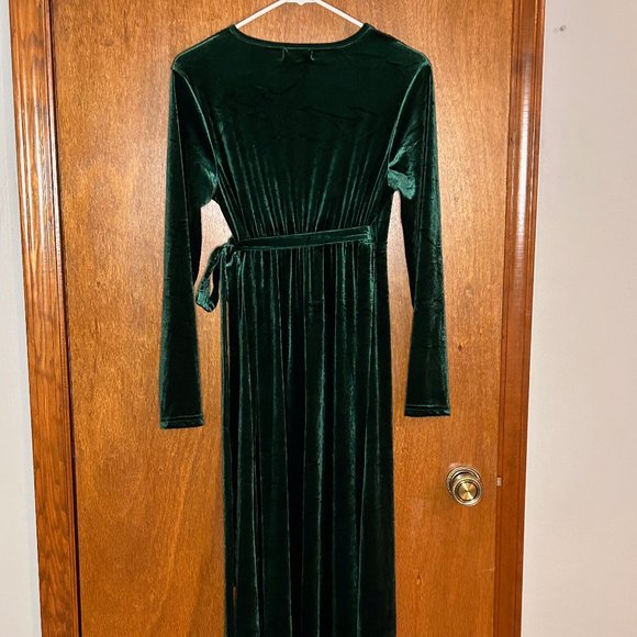 AISWI 2023 Emerald Green Velvet Maternity Wrap Dress Long Sleeves Fall Winter - Picture 3 of 4